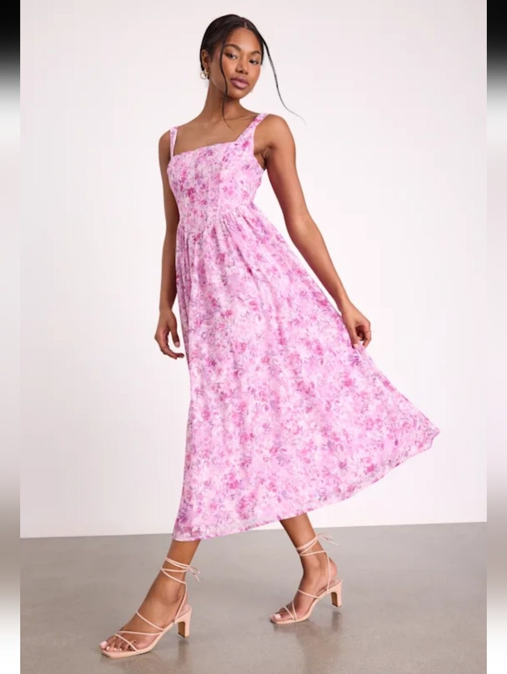 Lulu's Pink Floral Square-Neck Midi Dress Size S NEW #4G